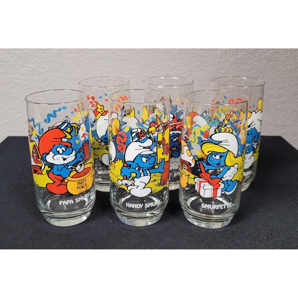 Vintage 1983 Hardee's Smurfs Glasses Complete Set of 6 Peyo Wallace Berrie
